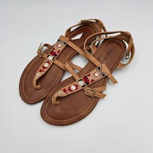 Indigo Rd. Embellished Sandals Ankle‎ Strap Thong Flats Casual Brown 8.5M